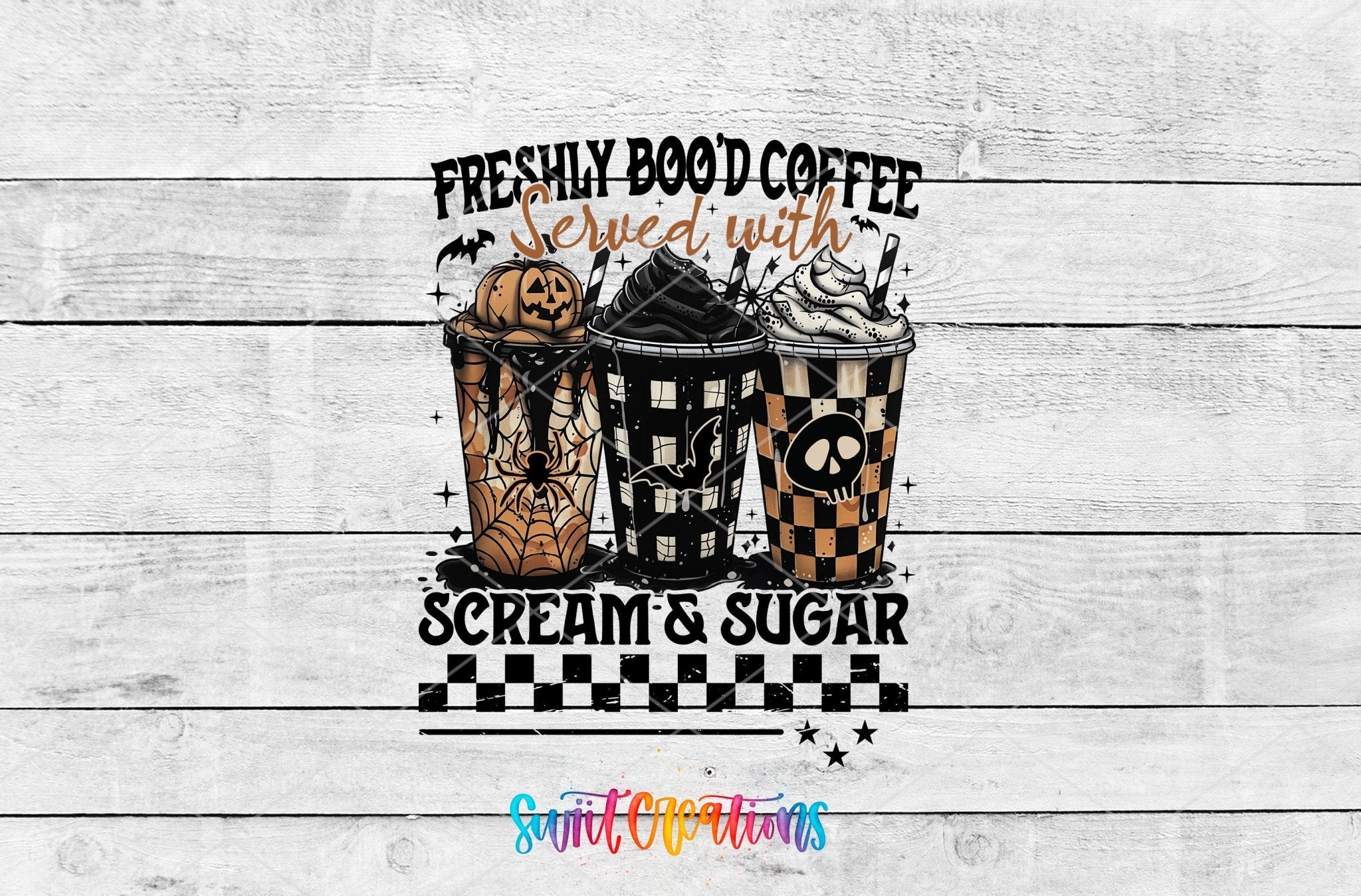 Freshly Bood Coffee Halloween UV DTF transfer shown as a full artwork preview from Swiit Creations
