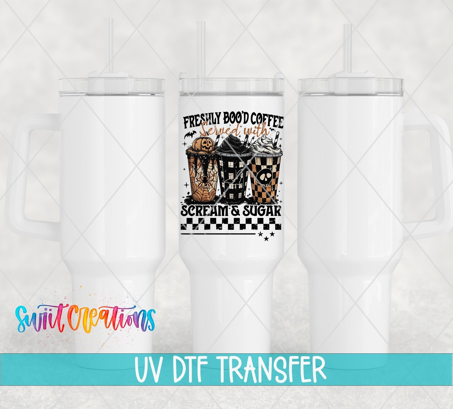 Freshly Bood Coffee Halloween UV DTF transfer applied to a white tumbler set from Swiit Creations