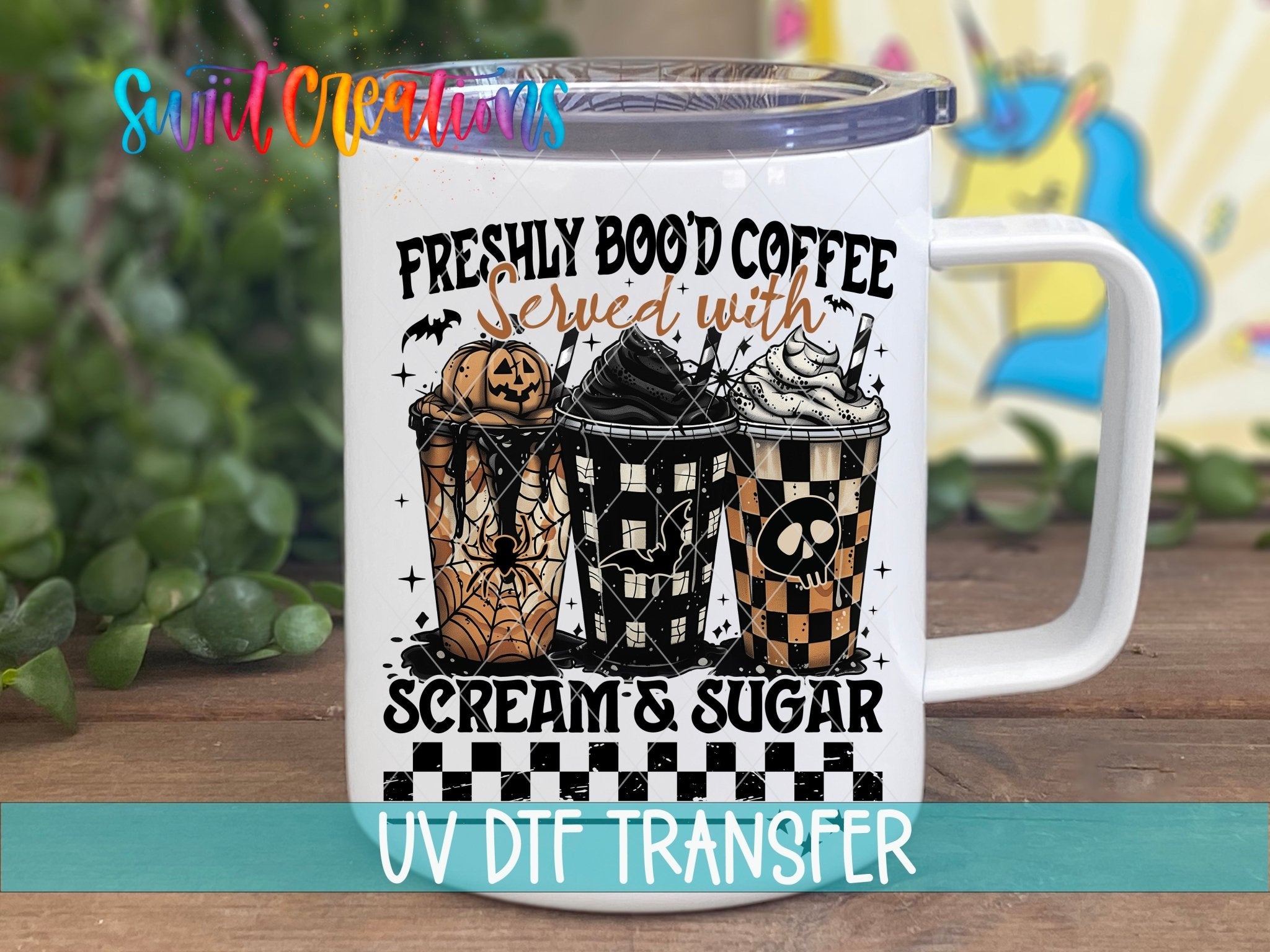 Freshly Bood Coffee Halloween UV DTF transfer displayed on a white coffee mug from Swiit Creations