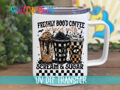 Freshly Boo'd Coffee UV DTF transfer on a white stainless steel mug with a lid