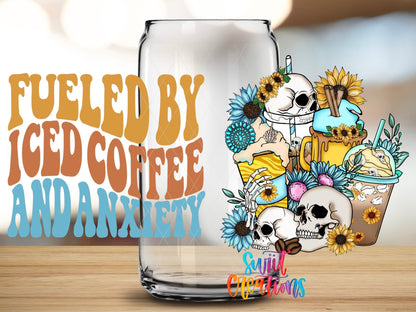 Fueled By Iced Coffee And Anxiety UV DTF Transfer Tumbler Wrap | Skull Floral Coffee | DTF211 - Swiit Creations