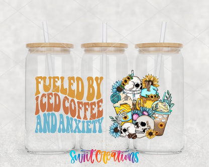 Fueled By Iced Coffee And Anxiety UV DTF Transfer Tumbler Wrap | Skull Floral Coffee | DTF211 - Swiit Creations