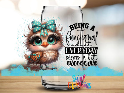 Close-up of the Functional Adult Owl UV DTF full wrap on a clear glass can