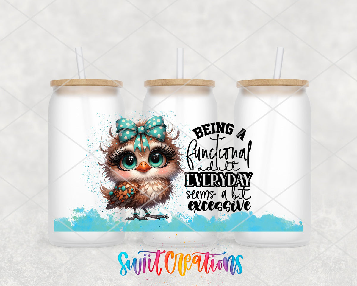 Functional Adult Owl UV DTF full wrap on three frosted glass cans