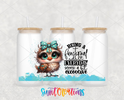 Functional Adult Owl UV DTF full wrap on three frosted glass cans