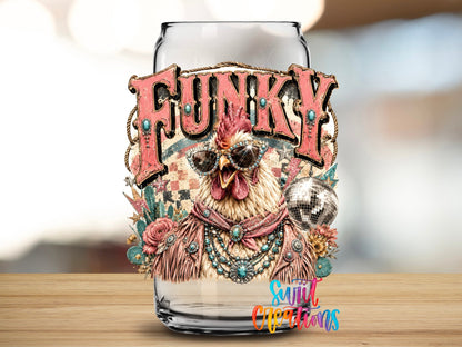 Funky Chicken Western Glam UV DTF transfer applied to a clear glass can from Swiit Creations