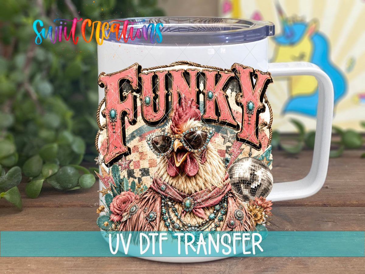 Funky Chicken Western Glam UV DTF transfer displayed on a white coffee mug from Swiit Creations