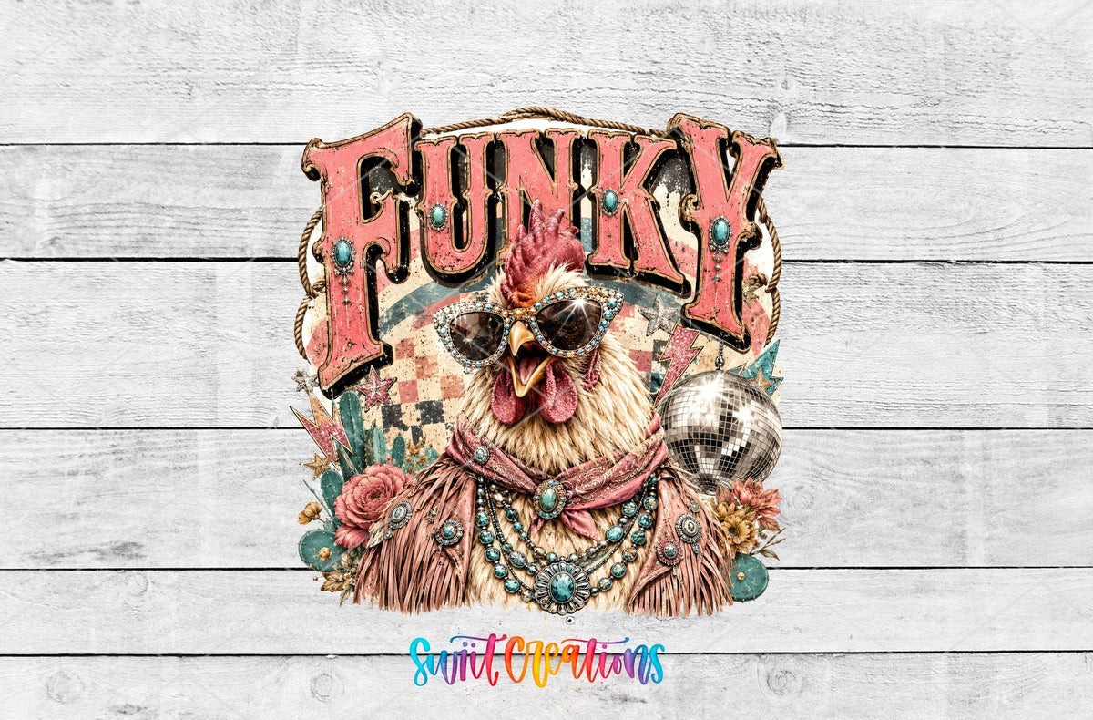 Funky Chicken Western Glam UV DTF transfer shown as a full artwork preview from Swiit Creations