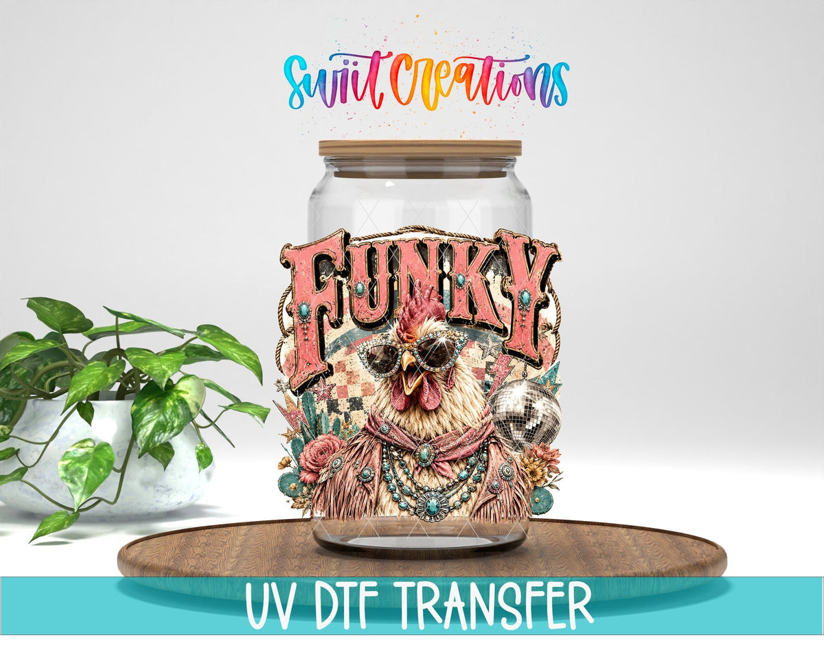 Funky Chicken Western Glam UV DTF transfer displayed on a clear jar mockup from Swiit Creations