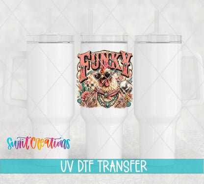 Funky Chicken Western Glam UV DTF transfer applied to a white tumbler set from Swiit Creations