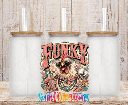 Funky Chicken Western Glam UV DTF transfer applied to a clear glass can set from Swiit Creations