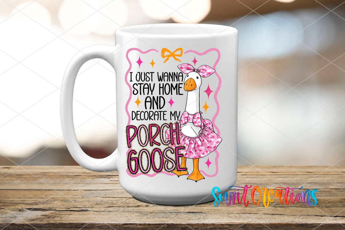 Porch Goose UV DTF transfer on a white ceramic coffee mug