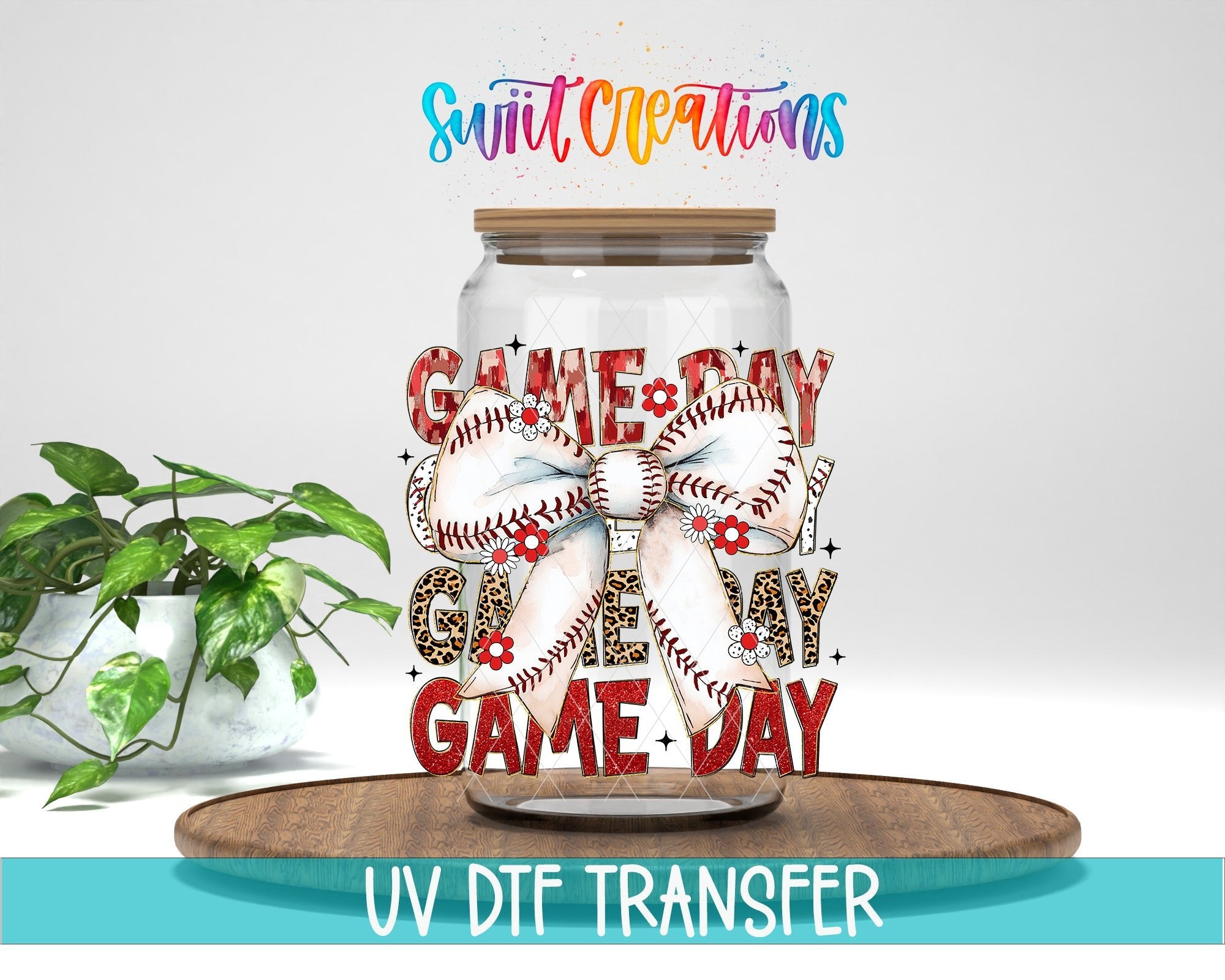 Game Day Baseball Croquette UV DTF transfer displayed on a clear jar mockup from Swiit Creations