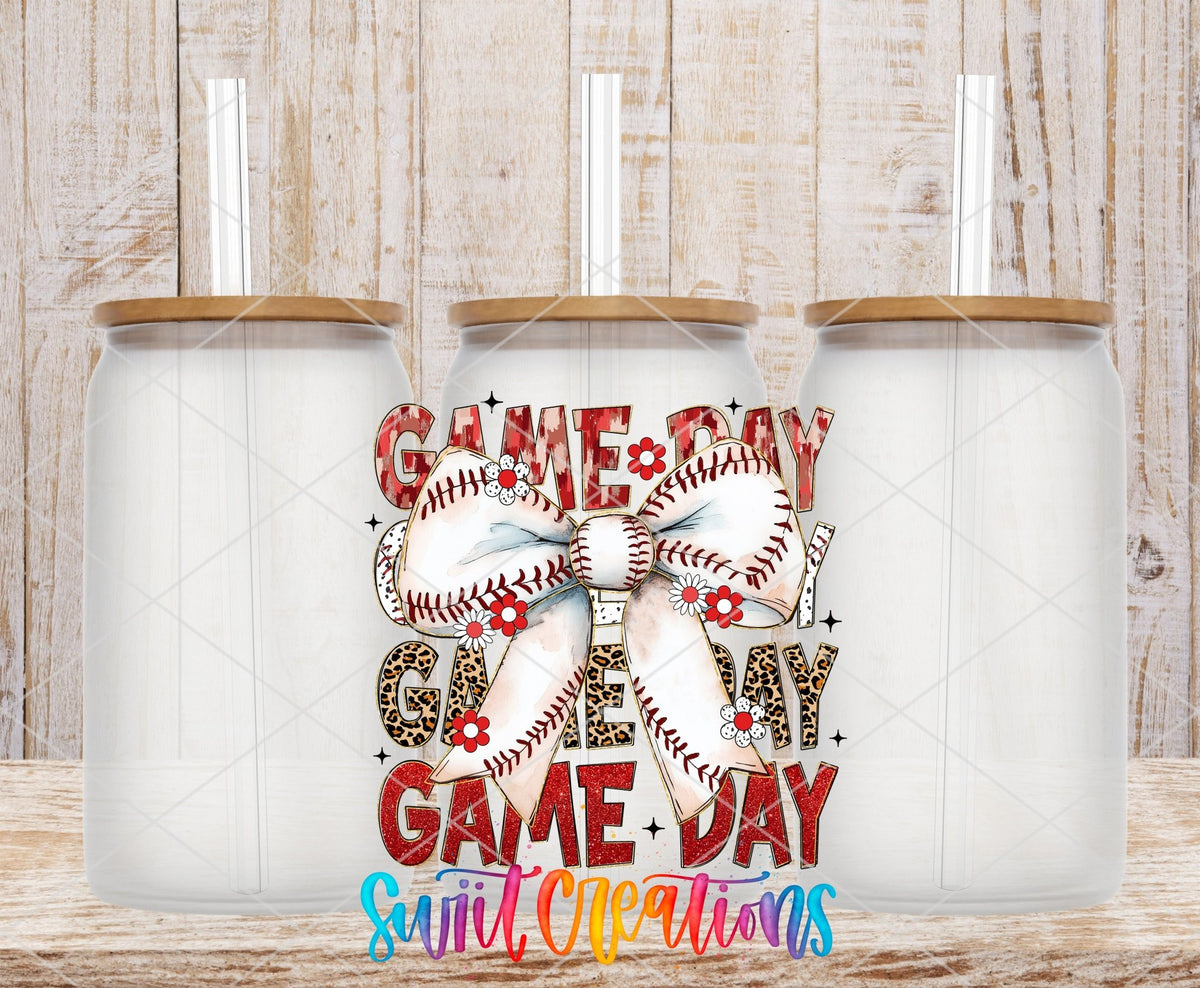 Game Day baseball bow UV DTF transfer on frosted glass cans with bamboo lids