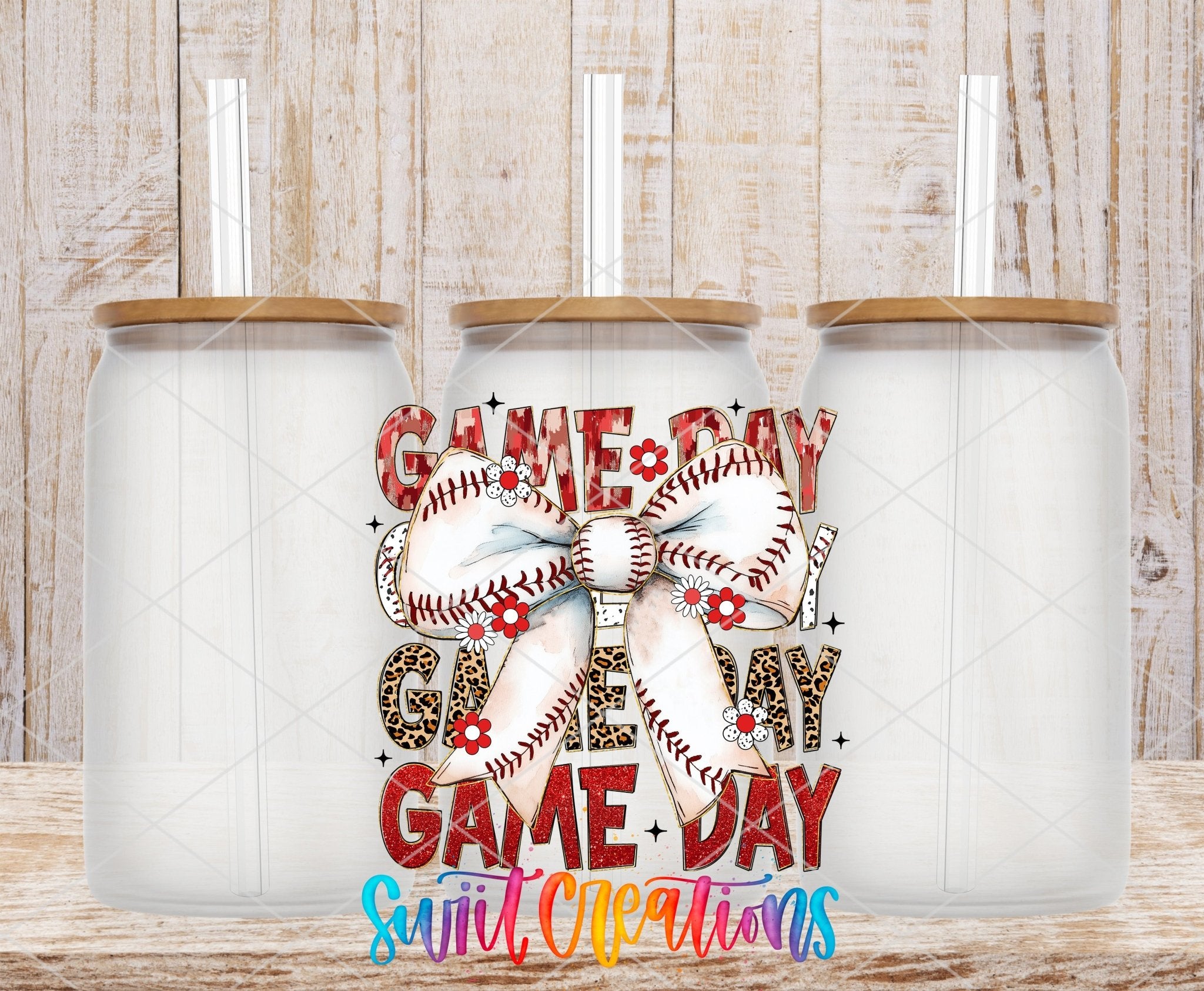 Game Day Baseball Croquette UV DTF transfer applied to a clear glass can set from Swiit Creations