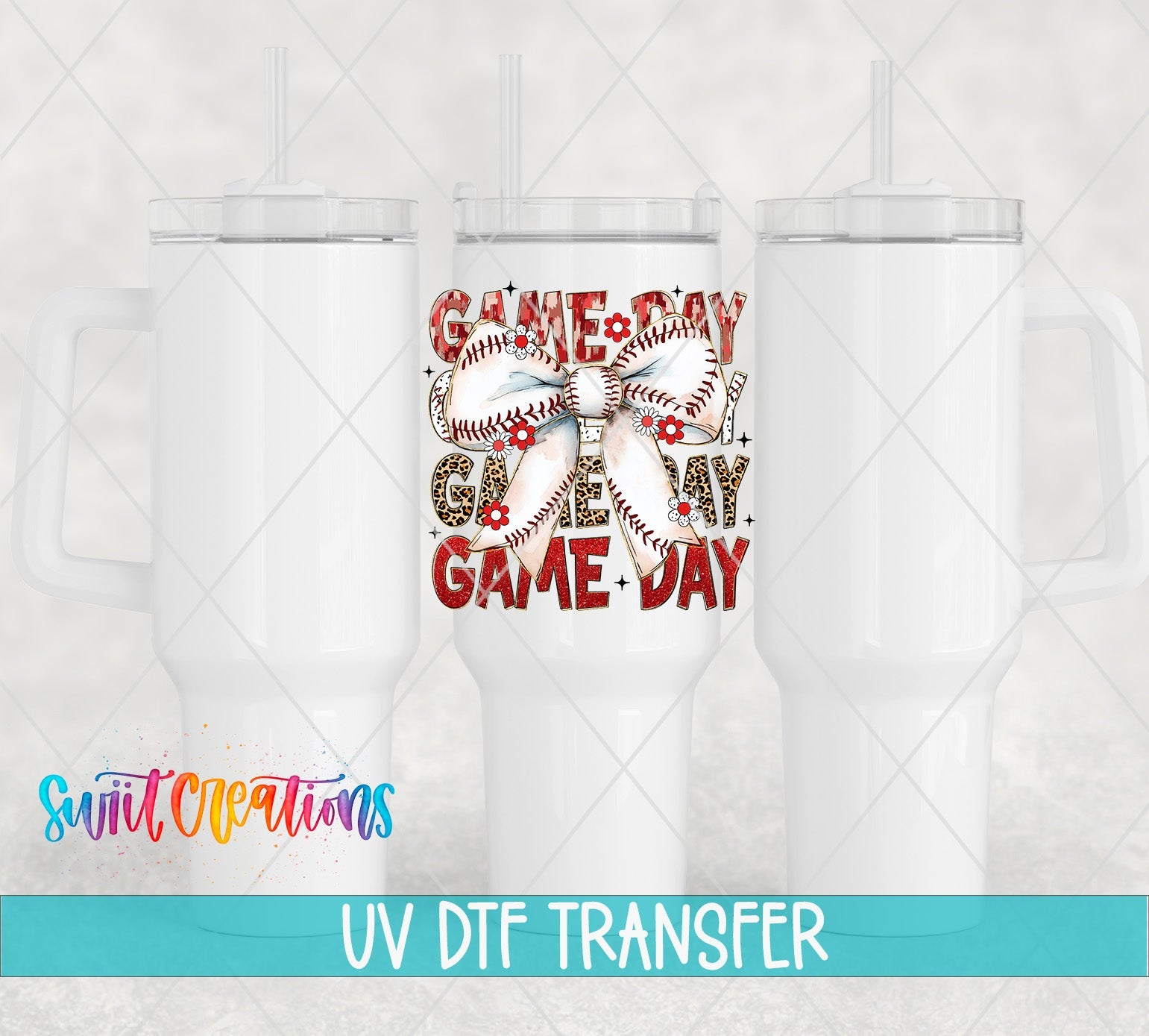 Game Day Baseball Croquette UV DTF transfer applied to a white tumbler set from Swiit Creations