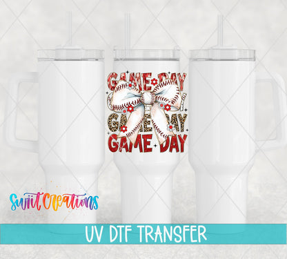 Game Day baseball bow UV DTF transfer on white 40 oz tumblers