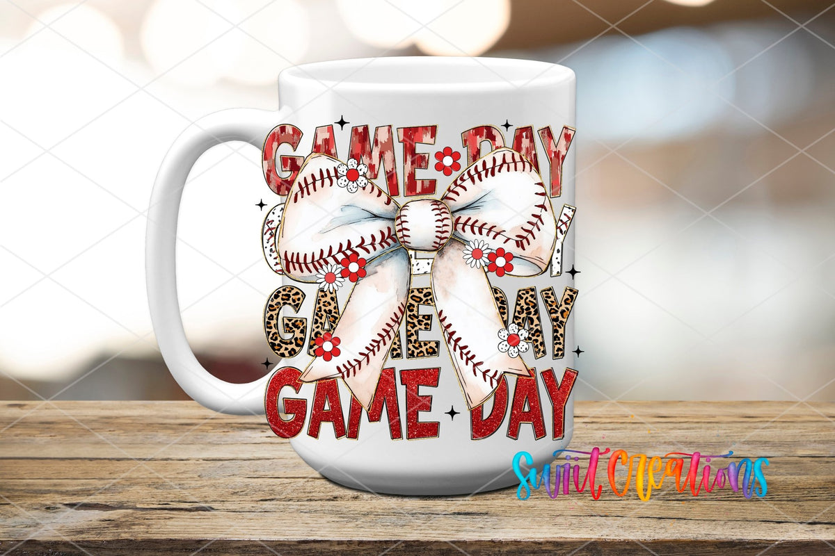 Game Day baseball bow UV DTF transfer on a white ceramic coffee mug