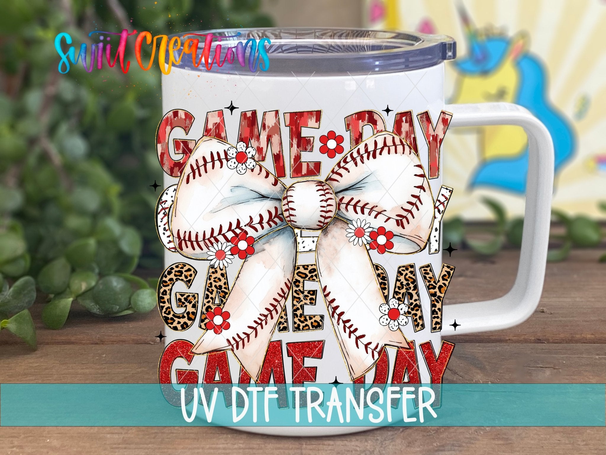 Game Day Baseball Croquette UV DTF transfer displayed on a white coffee mug from Swiit Creations