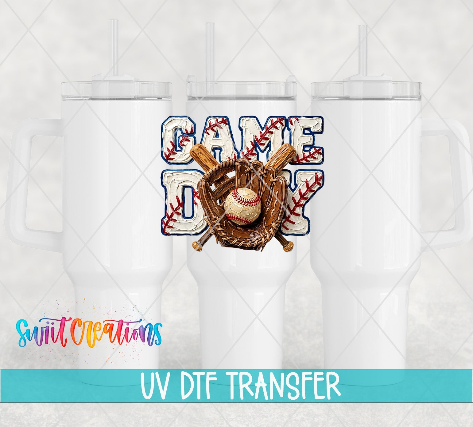 Game Day Baseball Sports UV DTF transfer applied to a white tumbler set from Swiit Creations
