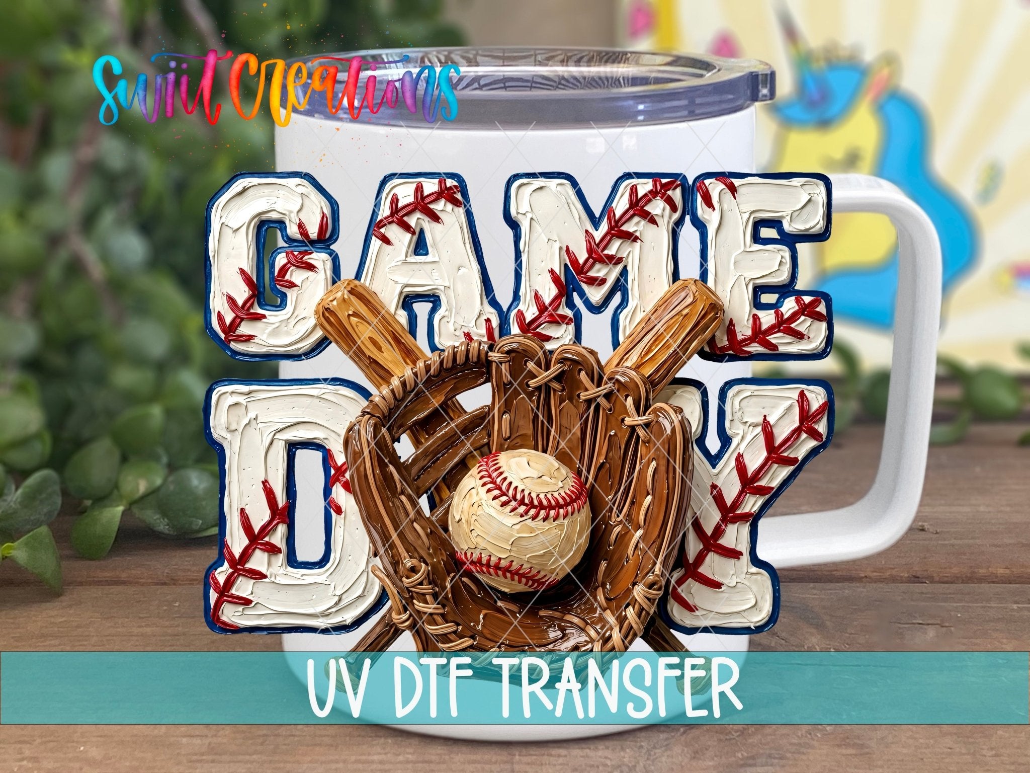 Game Day Baseball Sports UV DTF transfer displayed on a white coffee mug from Swiit Creations