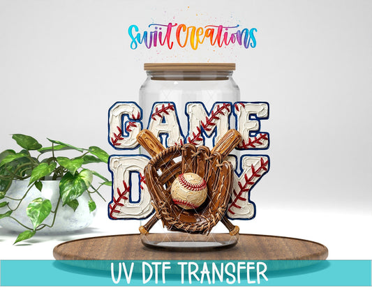 Game Day Baseball Sports UV DTF transfer displayed on a clear jar mockup from Swiit Creations