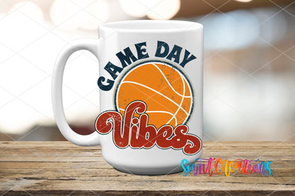 Game Day Vibes basketball UV DTF transfer on a white ceramic coffee mug