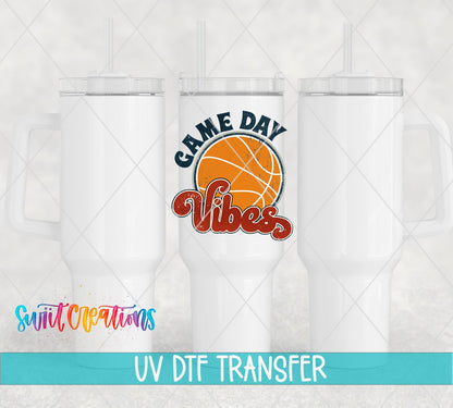 Game Day Vibes basketball UV DTF transfer on white 40 oz tumblers