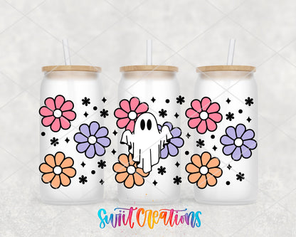 Retro Floral Ghost UV DTF full wrap on three frosted glass cans