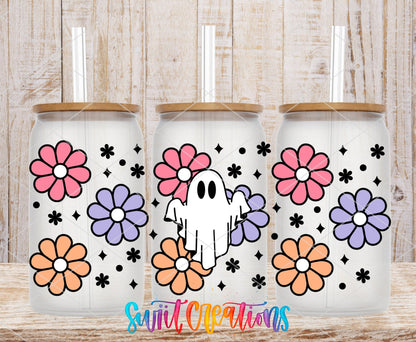 Retro Floral Ghost UV DTF full wrap on three clear glass cans with bamboo lids
