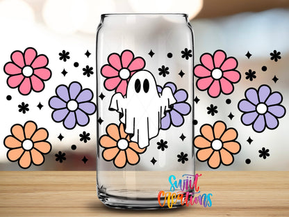 Close-up of the Retro Floral Ghost UV DTF full wrap on a clear glass can