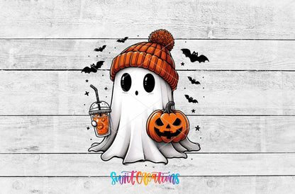 Ghostie Pumpkin Drink UV DTF transfer artwork on a white wood background