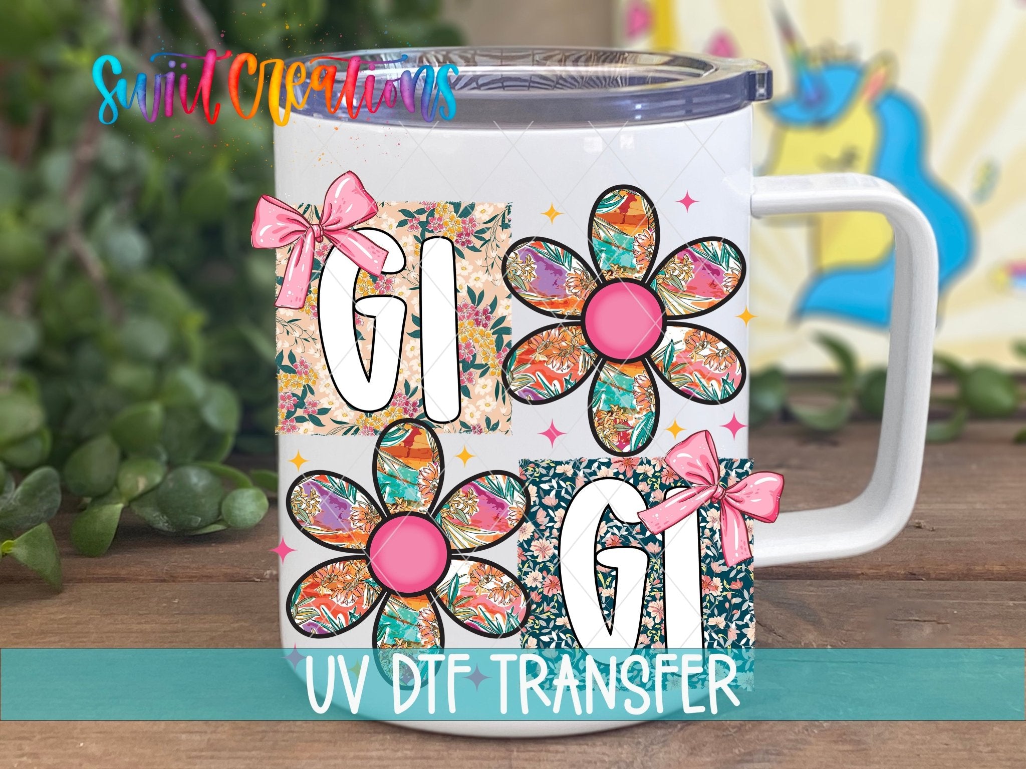 Gigi Floral Patchwork Daisy UV DTF transfer displayed on a white coffee mug from Swiit Creations