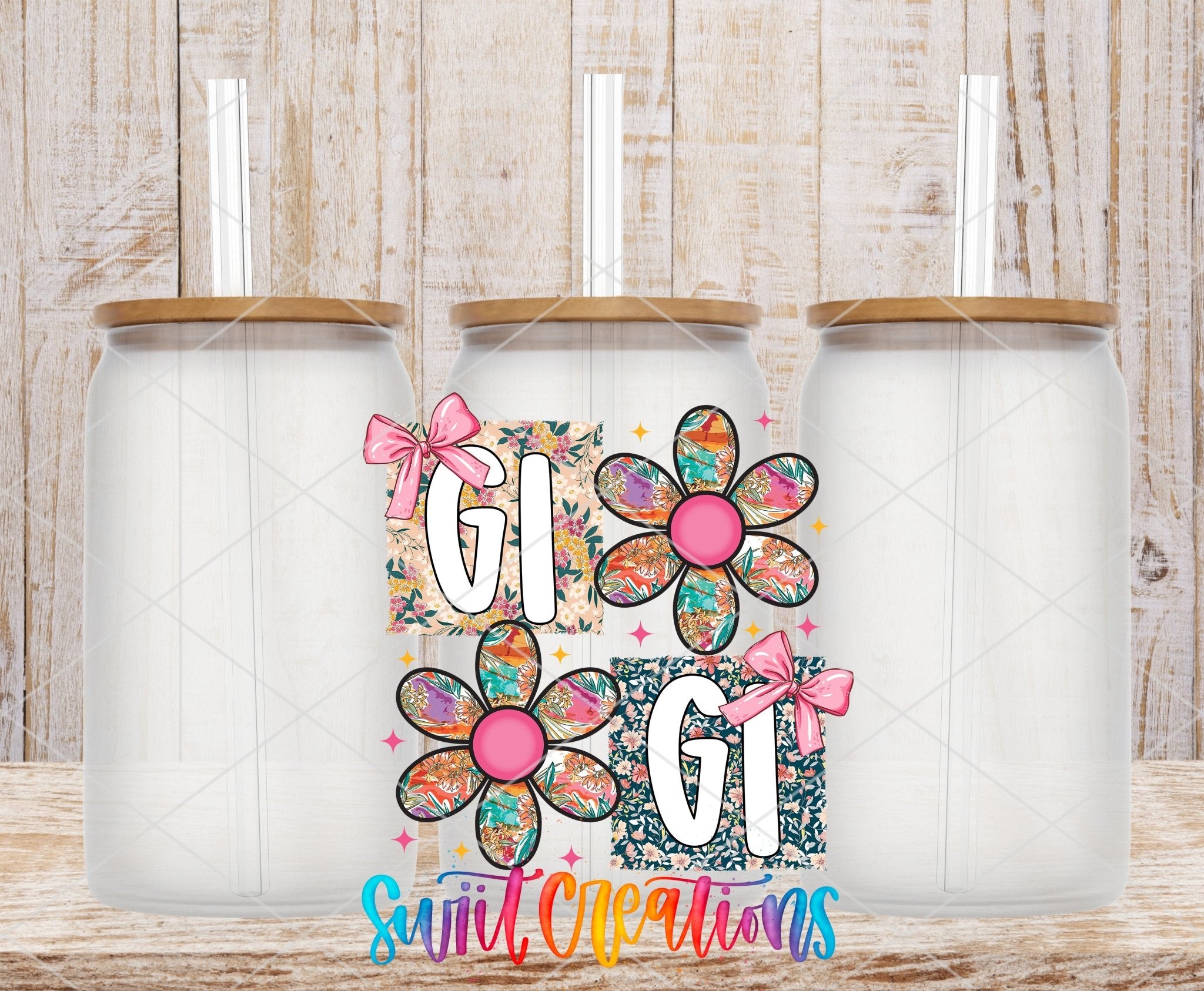 Gigi Floral Patchwork Daisy UV DTF transfer applied to a clear glass can set from Swiit Creations