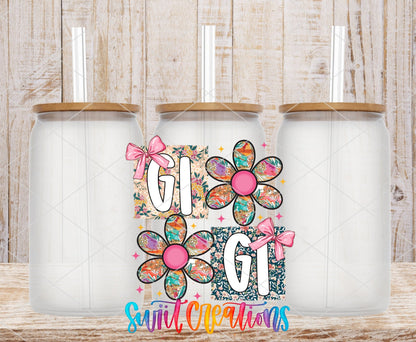 Gigi patchwork daisy UV DTF transfer on frosted glass cans with bamboo lids