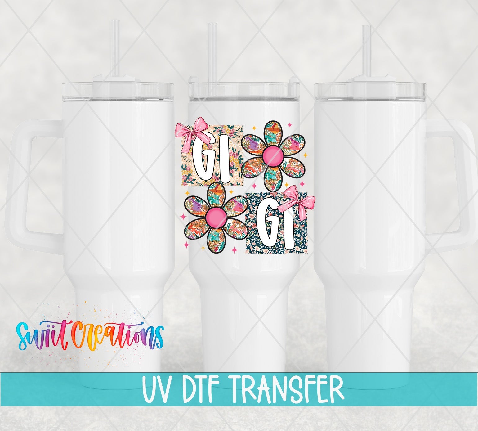 Gigi Floral Patchwork Daisy UV DTF transfer applied to a white tumbler set from Swiit Creations