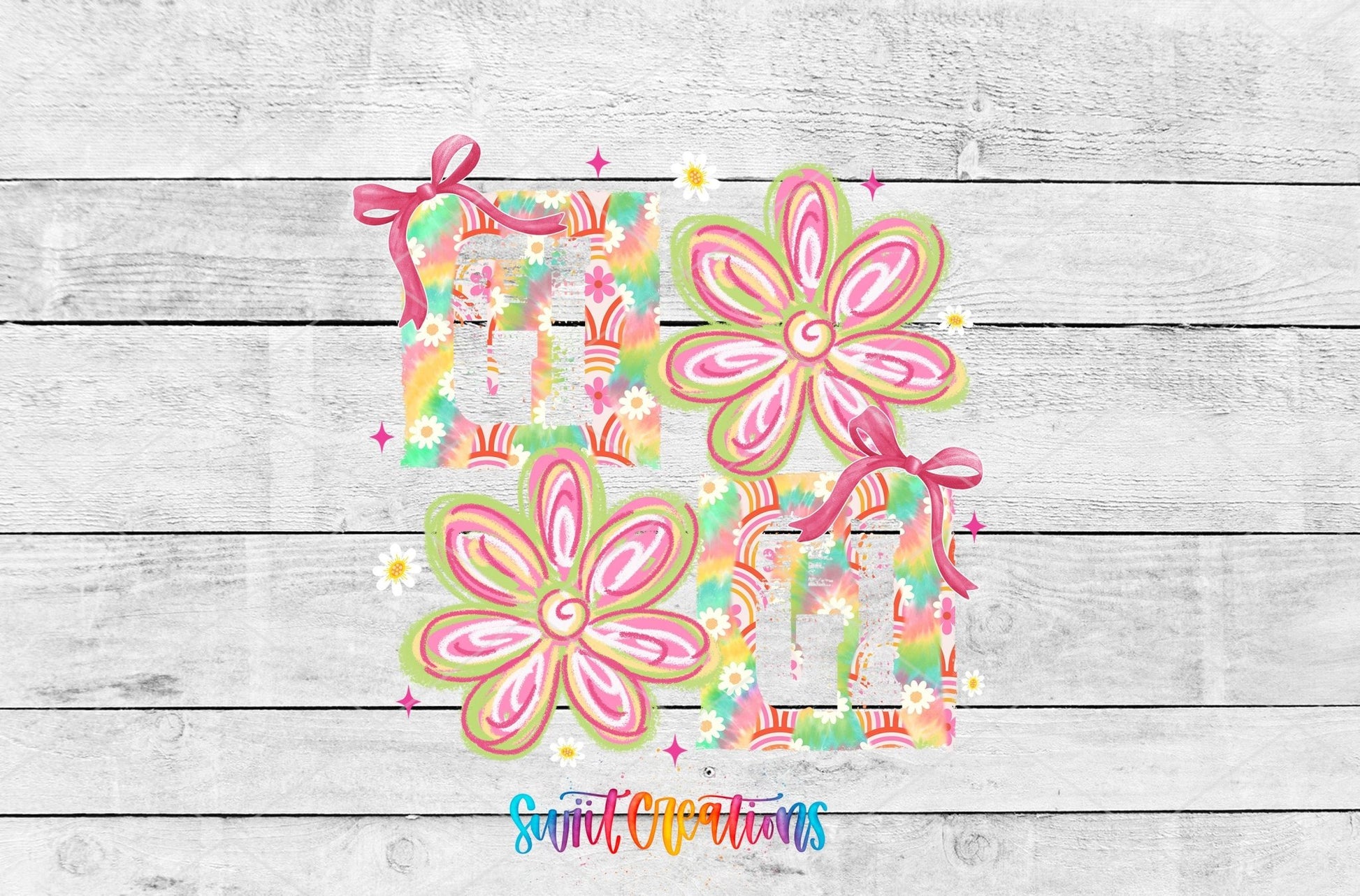 Gigi Tie Dye Flowers UV DTF transfer shown as a full artwork preview from Swiit Creations