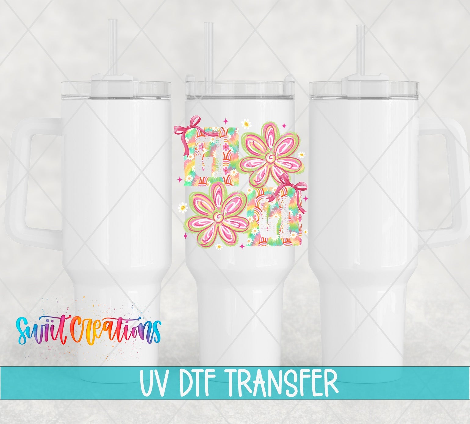 Gigi Tie Dye Flowers UV DTF transfer applied to a white tumbler set from Swiit Creations