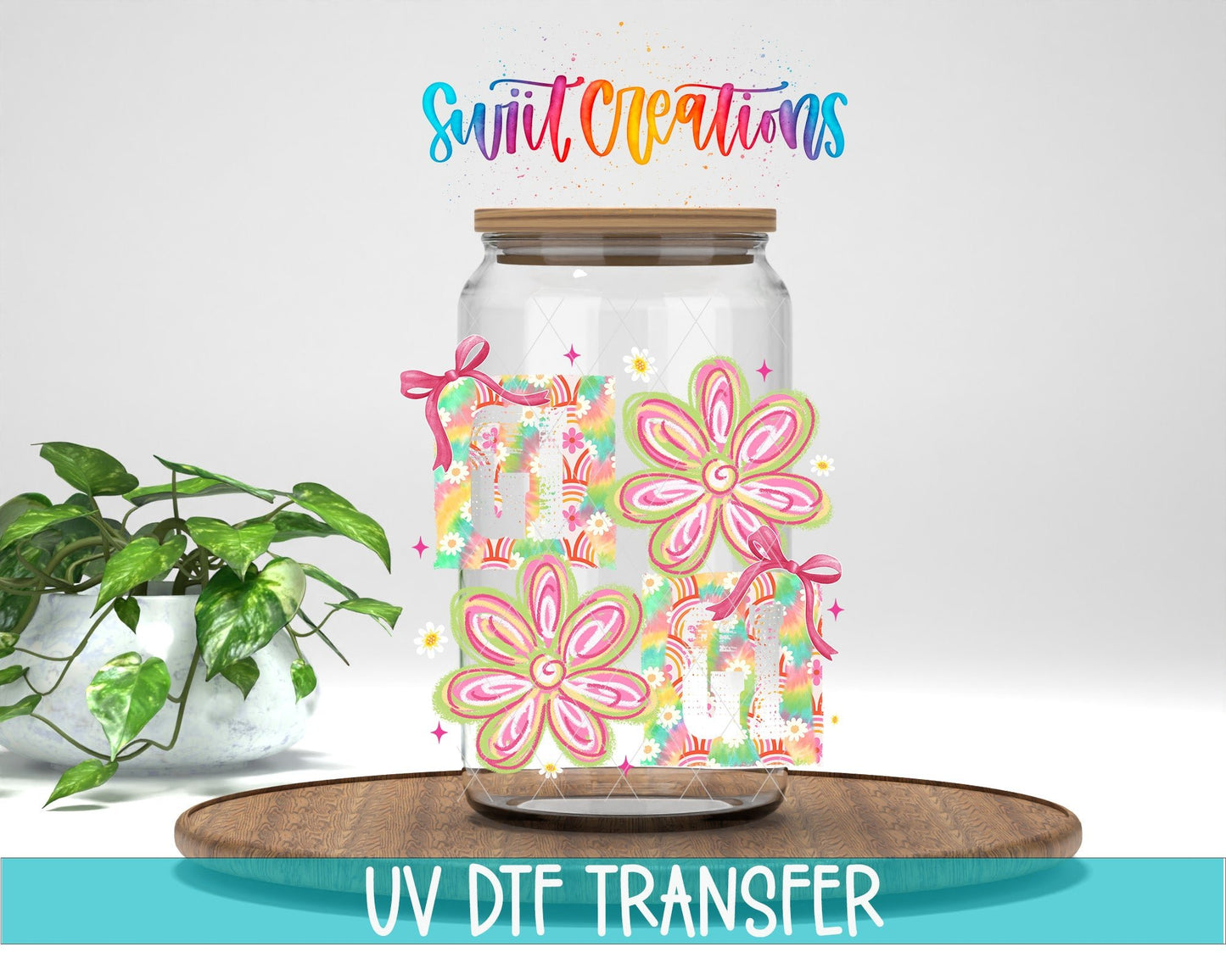 Gigi Tie Dye Flowers UV DTF transfer displayed on a clear jar mockup from Swiit Creations
