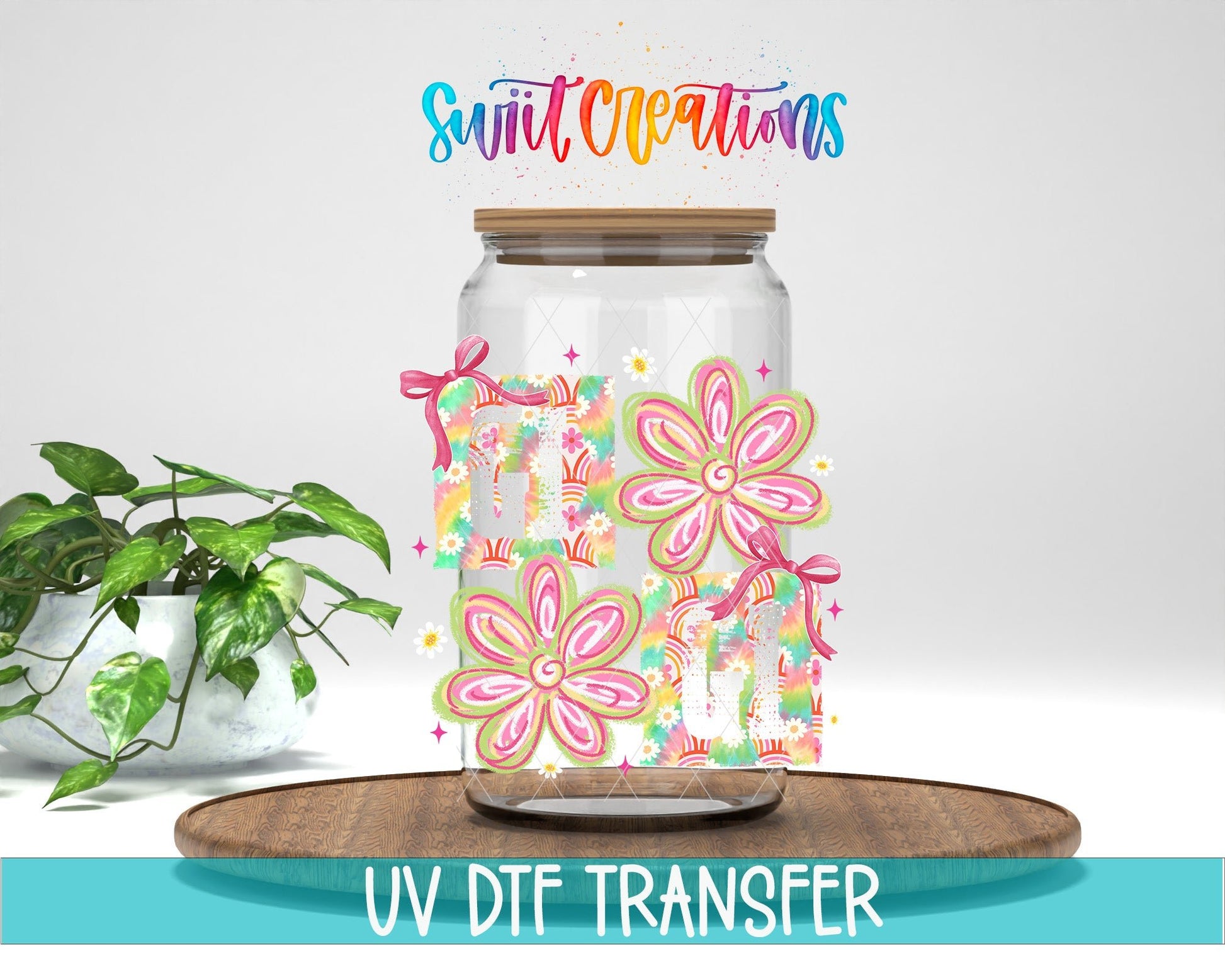 Gigi Tie Dye Flowers UV DTF transfer displayed on a clear jar mockup from Swiit Creations