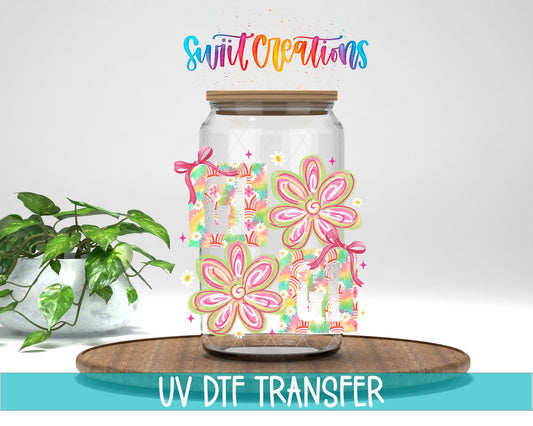 Gigi Tie Dye Flowers UV DTF transfer displayed on a clear jar mockup from Swiit Creations