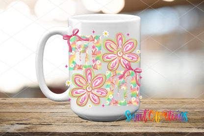 Gigi Tie Dye Flowers UV DTF transfer displayed on a white ceramic mug from Swiit Creations