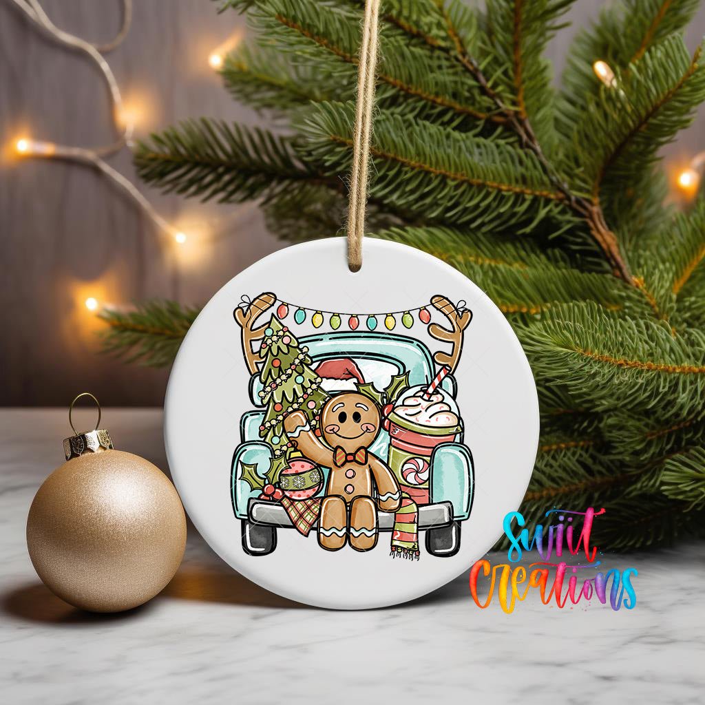 Gingerbread Boy UV DTF Ornament Transfer | Christmas Truck with Tree and Cocoa | O-1732 - Swiit Creations