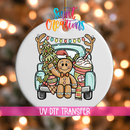 Gingerbread Boy UV DTF Ornament Transfer | Christmas Truck with Tree and Cocoa | O-1732 - Swiit Creations