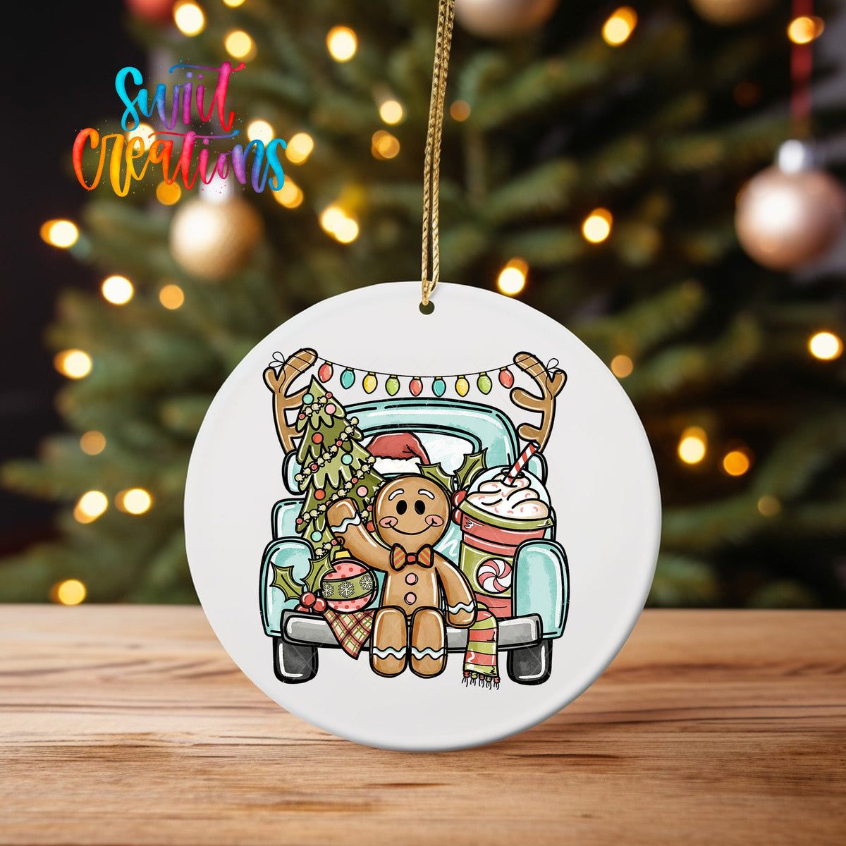 Gingerbread Boy UV DTF Ornament Transfer | Christmas Truck with Tree and Cocoa | O-1732 - Swiit Creations