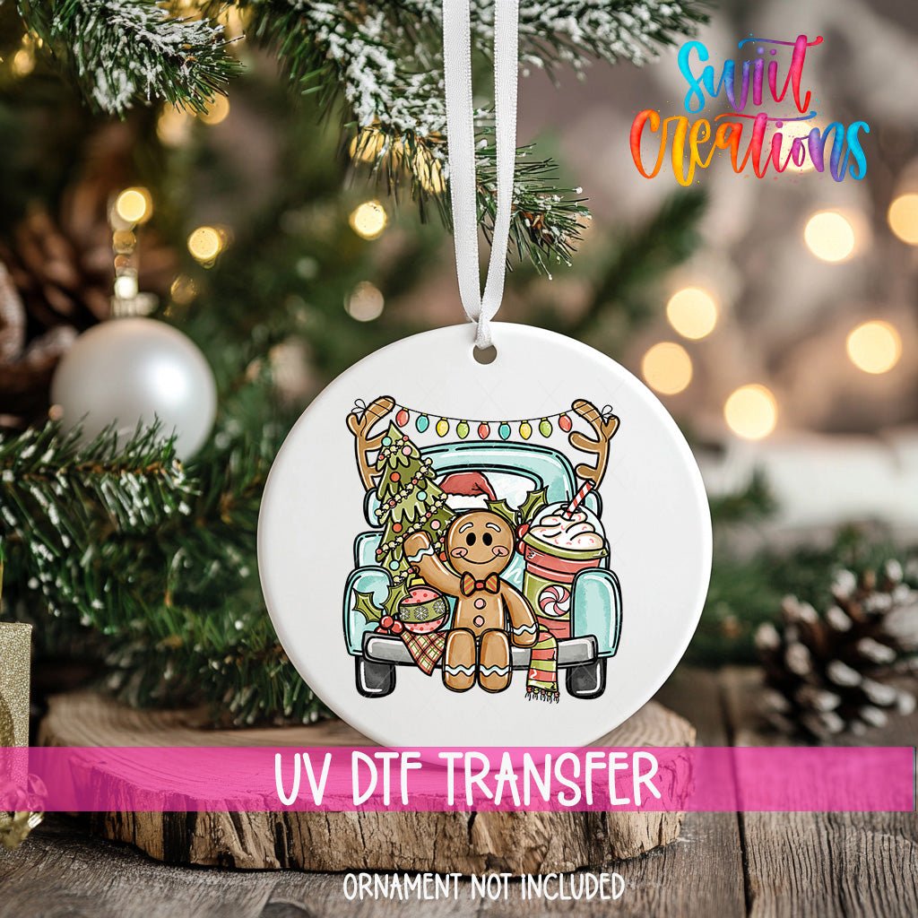 Gingerbread Boy UV DTF Ornament Transfer | Christmas Truck with Tree and Cocoa | O-1732 - Swiit Creations