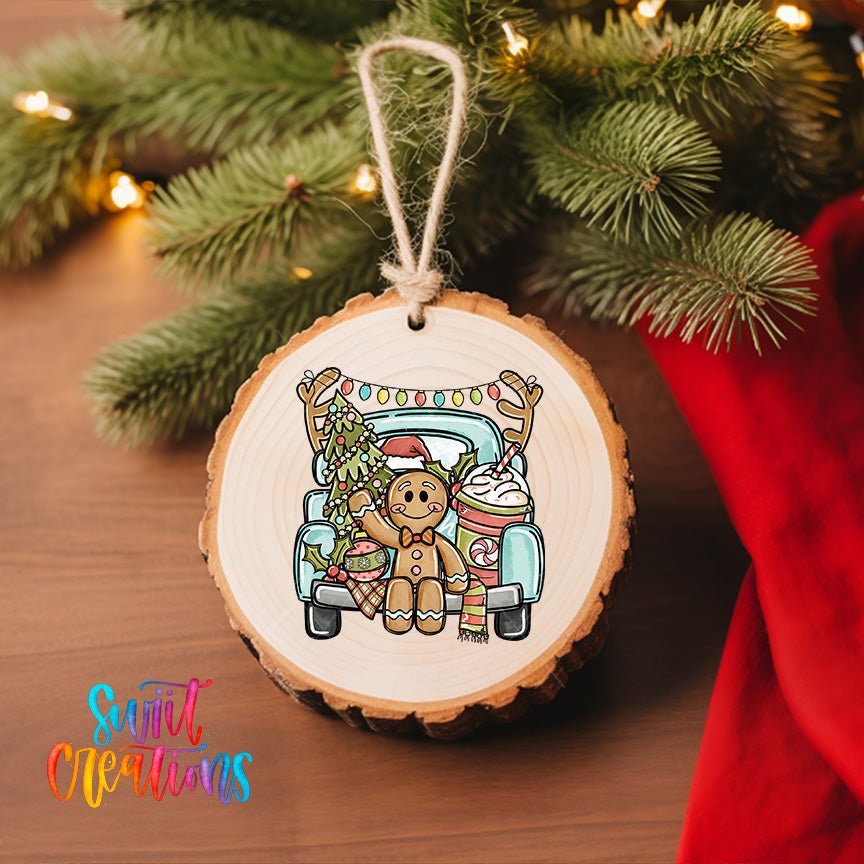 Gingerbread Boy UV DTF Ornament Transfer | Christmas Truck with Tree and Cocoa | O-1732 - Swiit Creations