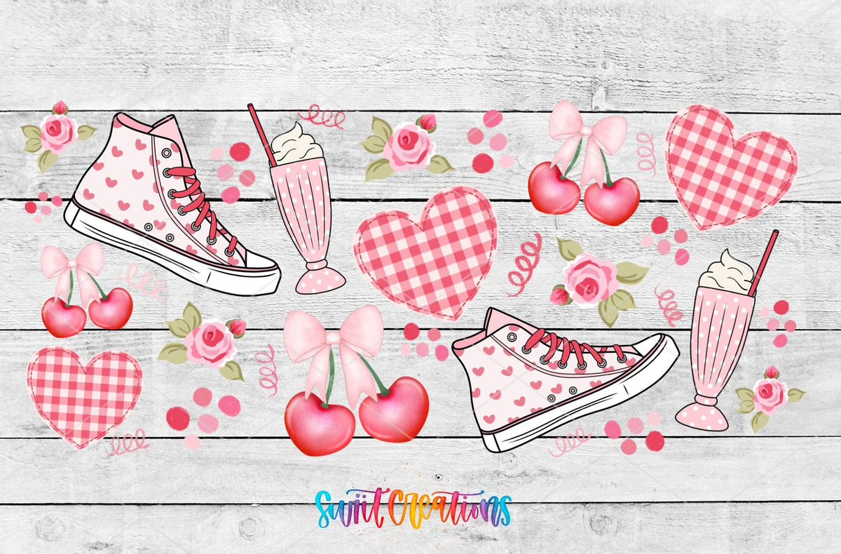 Gingham and Cherries UV DTF wrap artwork on a white wood background