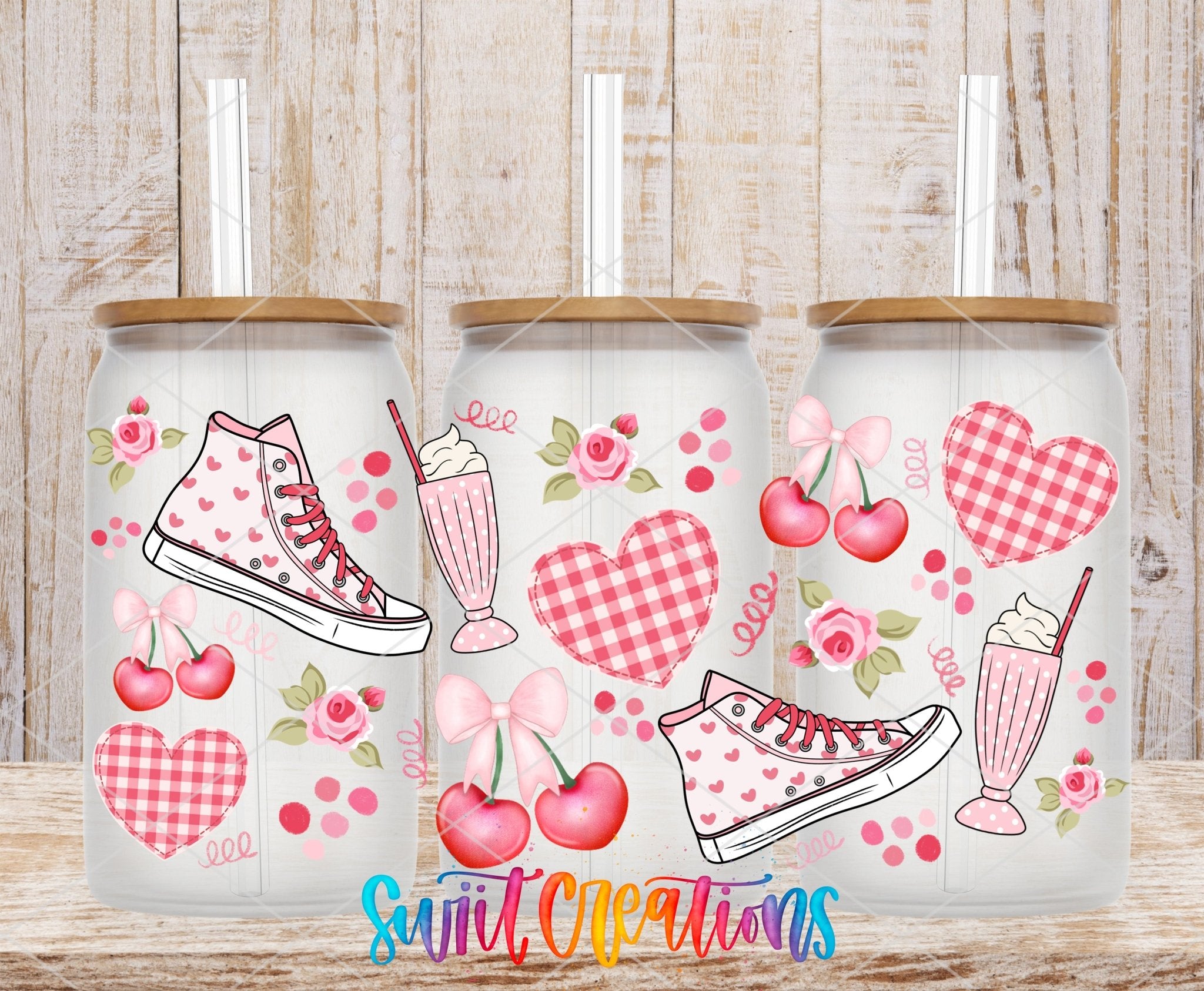 Gingham And Cherries UV DTF Transfer Tumbler Wrap | Pink Sneaker Heart Milkshake Cup Decal | DTF258 - Swiit Creations