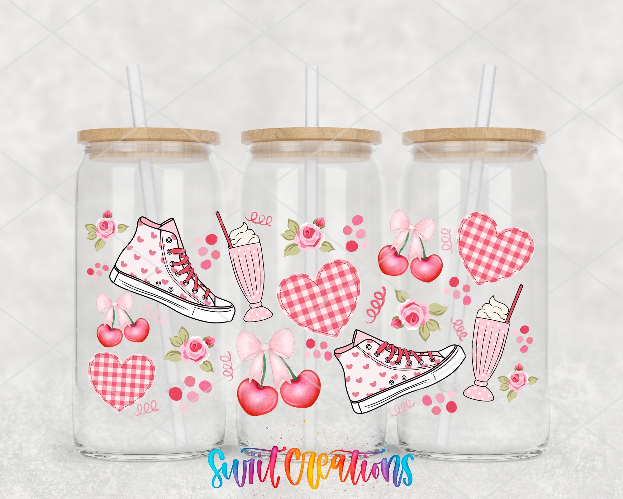 Gingham And Cherries UV DTF Transfer Tumbler Wrap | Pink Sneaker Heart Milkshake Cup Decal | DTF258 - Swiit Creations